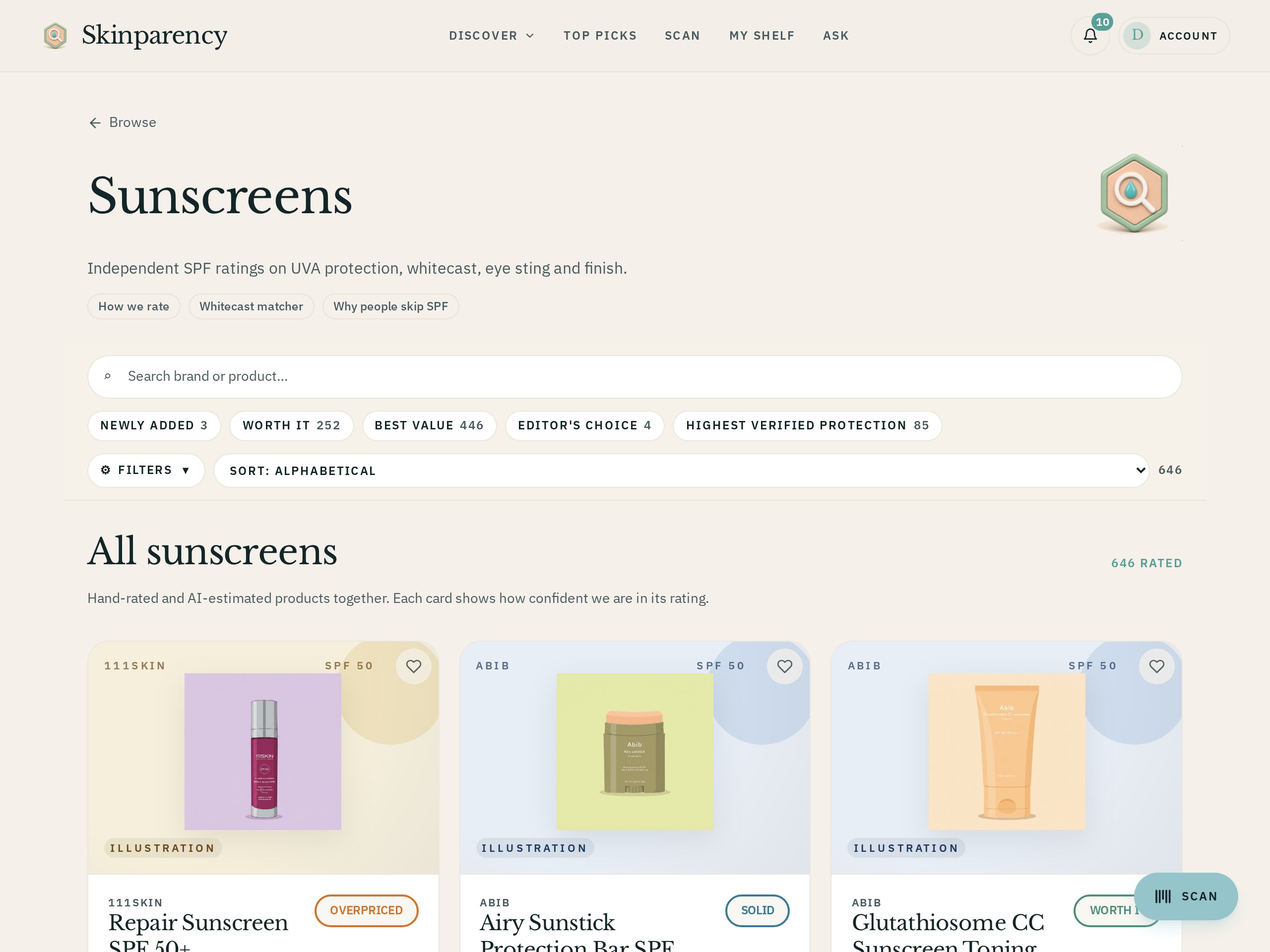 The sunscreen index with its brand and product search box