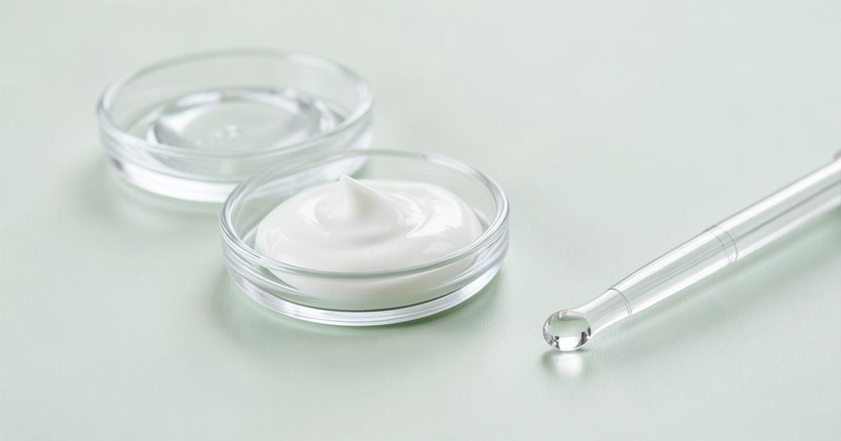 Illustrative skincare textures in glass dishes beside a pipette